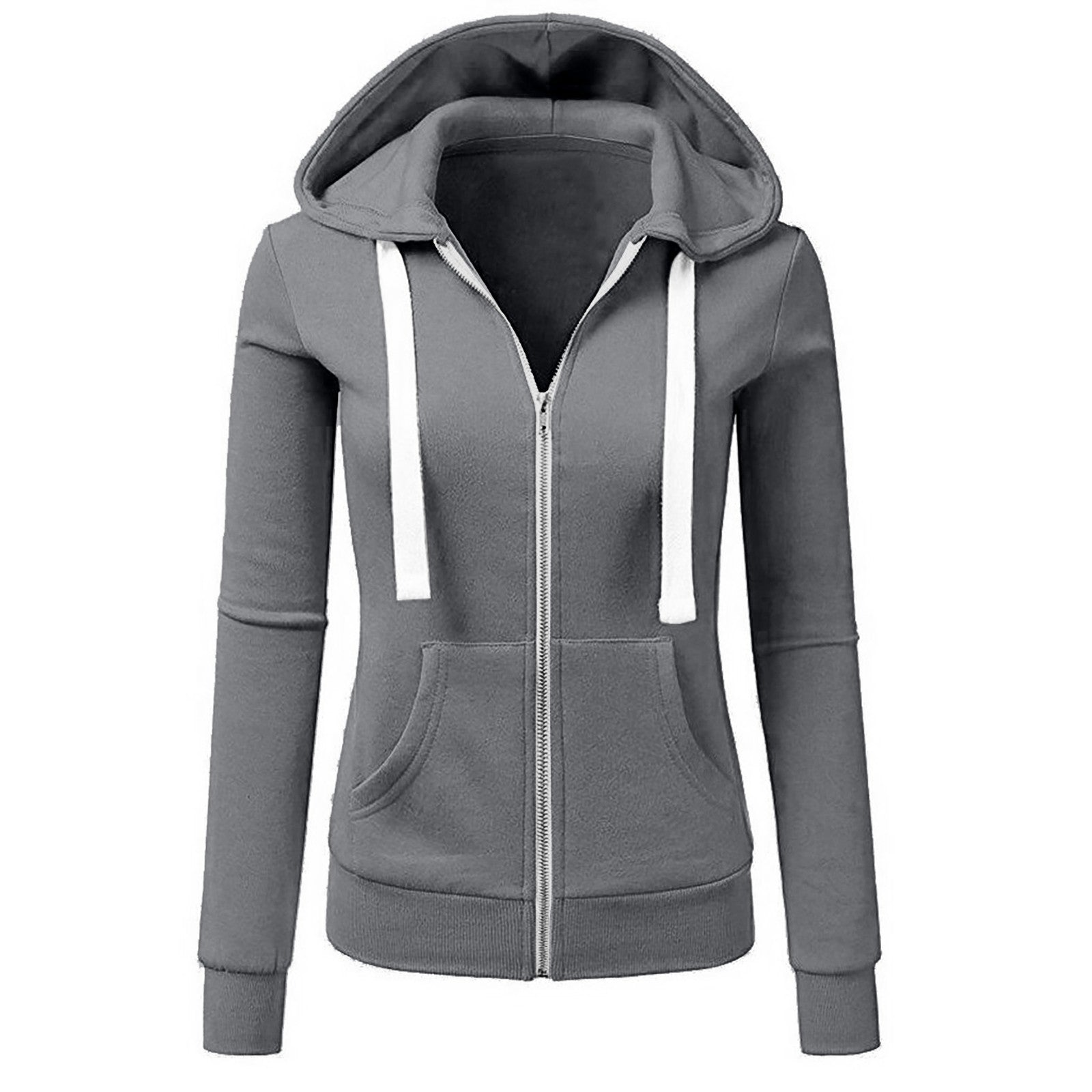 Ladies Casual Hooded Zipper Solid Color Sweater Coat