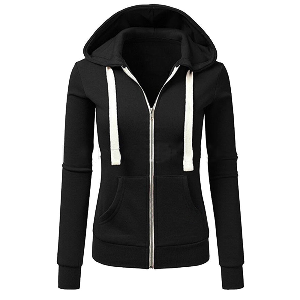 Ladies Casual Hooded Zipper Solid Color Sweater Coat