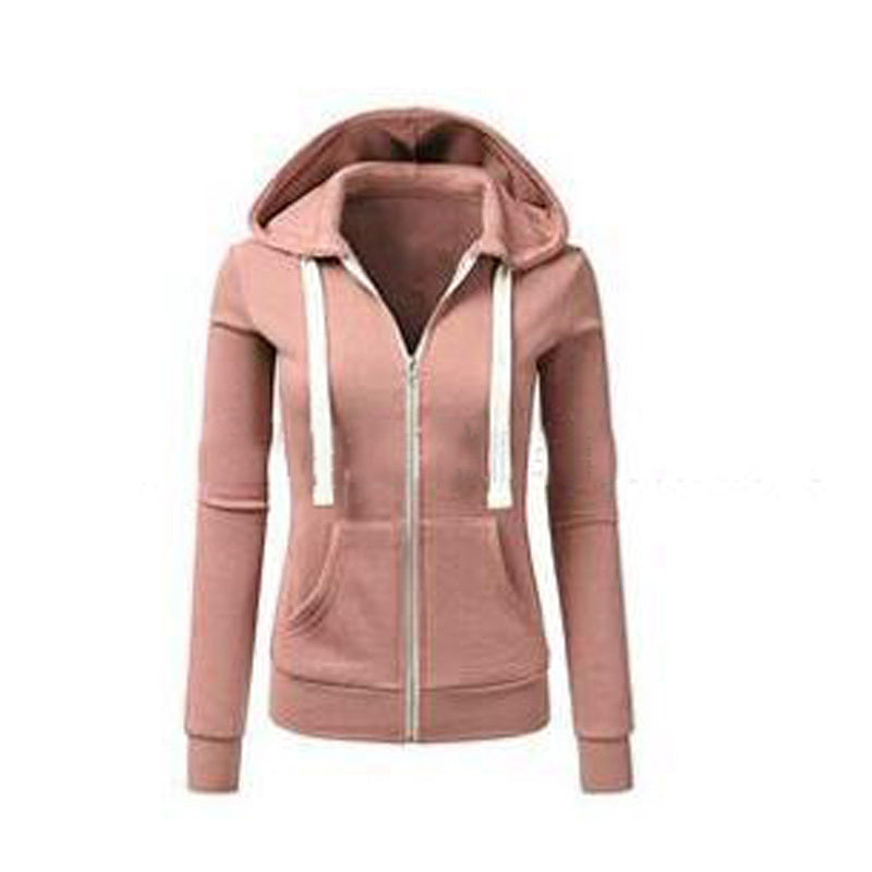 Ladies Casual Hooded Zipper Solid Color Sweater Coat