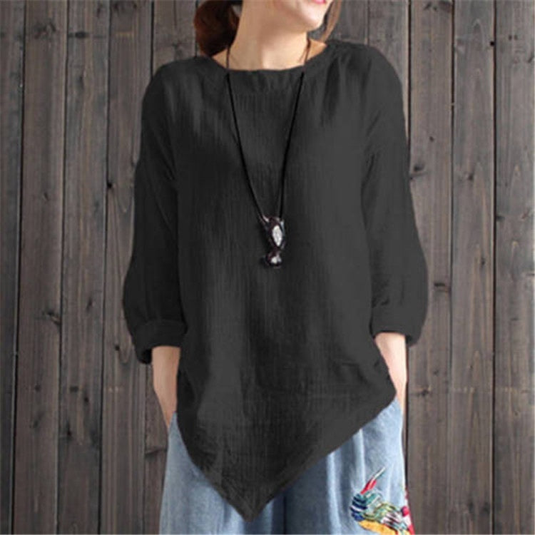 Autumn New Pure Color Artistic Irregular Hem Bottoming Cotton And Linen Top