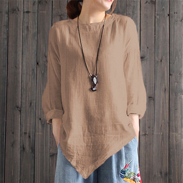 Autumn New Pure Color Artistic Irregular Hem Bottoming Cotton And Linen Top