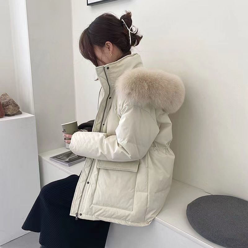 Slimming Drawstring Thick With Cap Big Fur Collar Coat