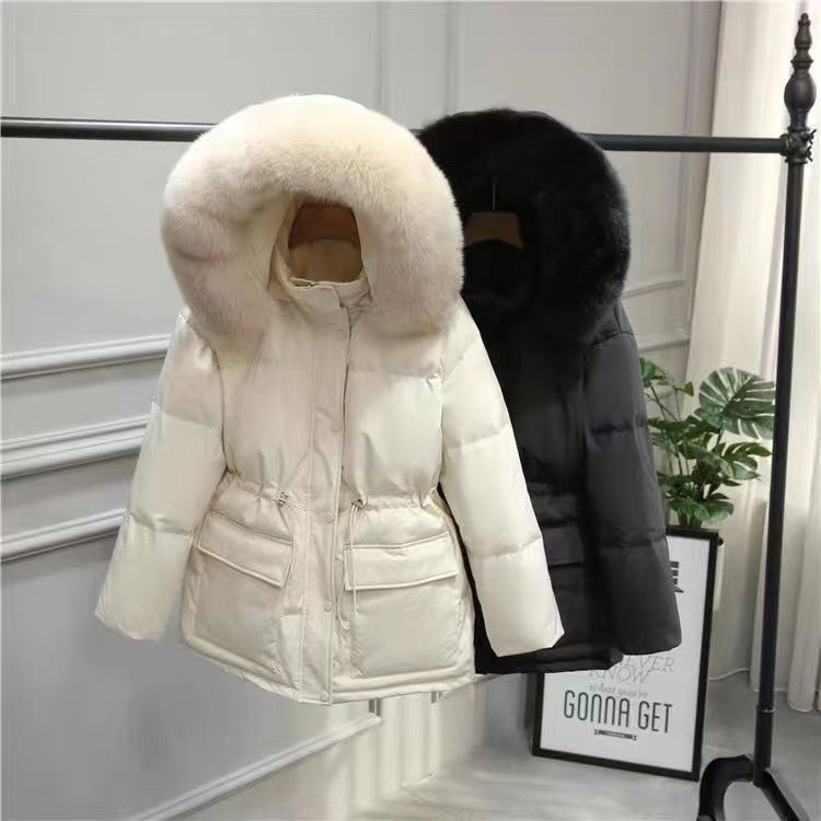 Slimming Drawstring Thick With Cap Big Fur Collar Coat