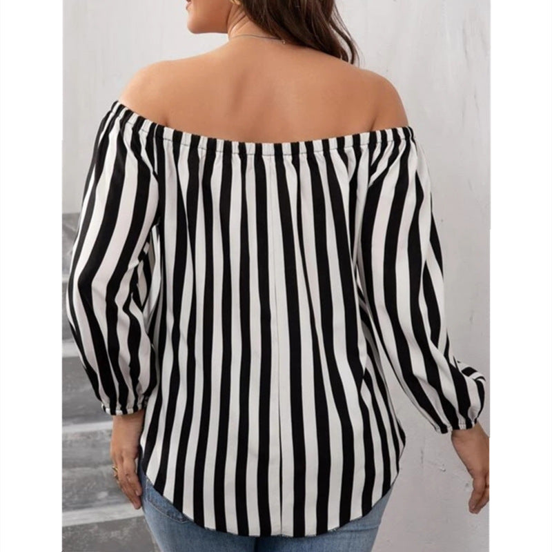 European And American Black And White Striped Sexy Fashion Off-shoulder Shirt