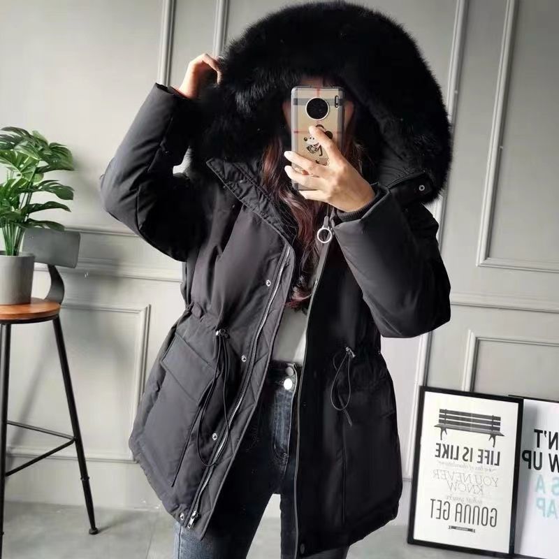 Slimming Drawstring Thick With Cap Big Fur Collar Coat