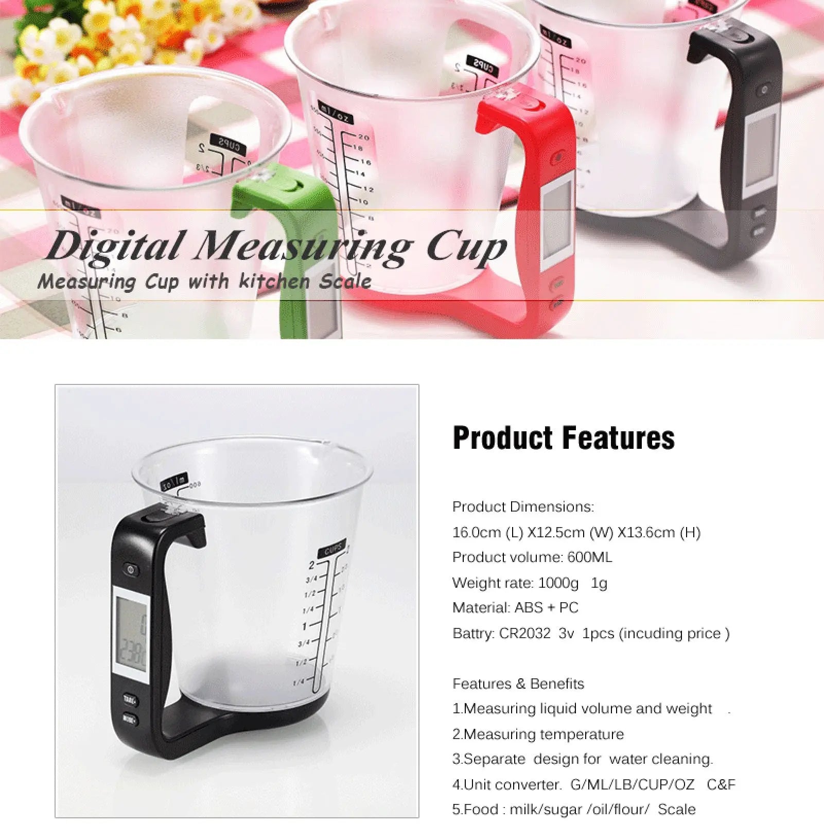 Kitchen Scales With LCD Display Digital Beaker Electronic Tool Hostweigh Measuring Cup Temperature Weight Measurement Cups - Image #7