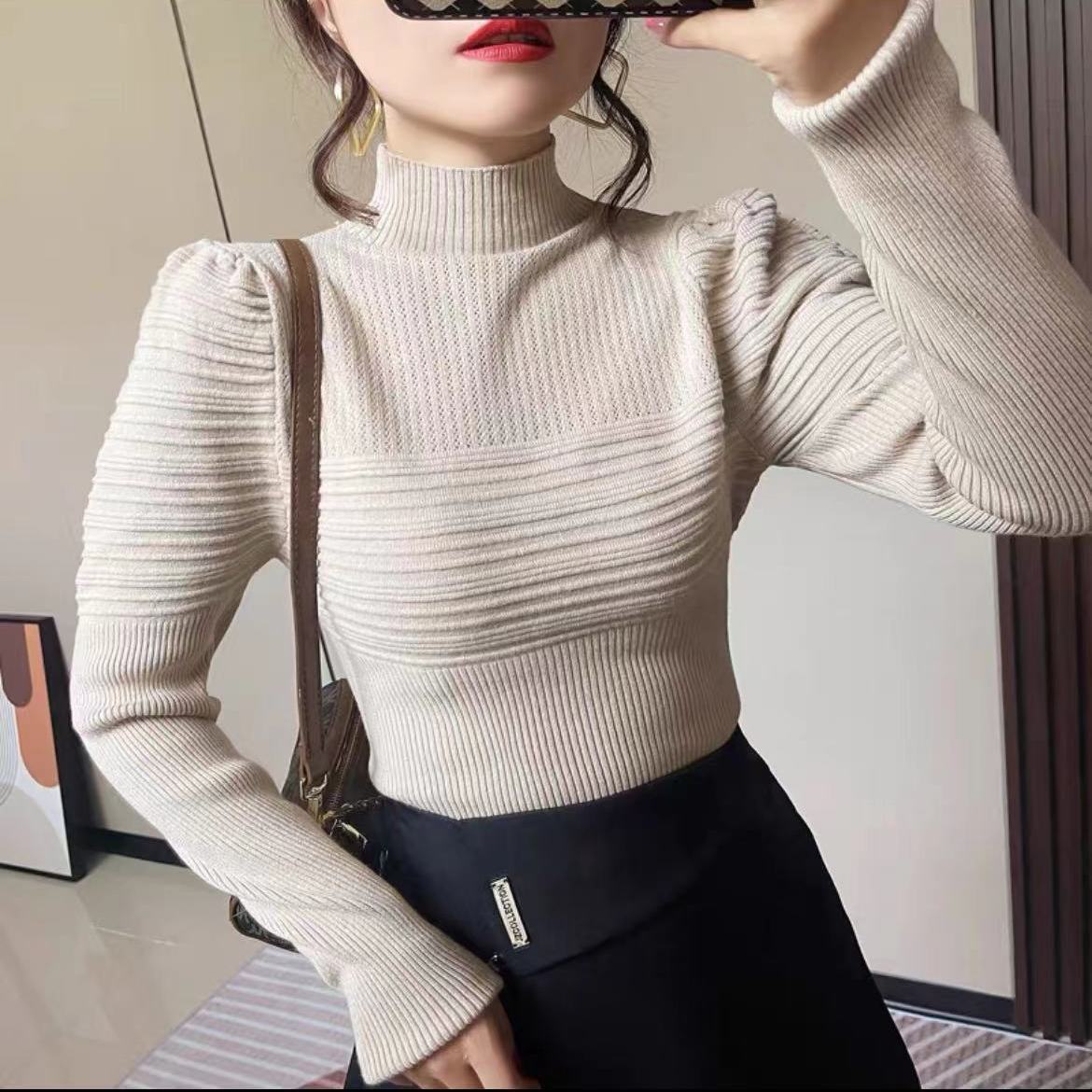 Half Turtleneck Sweater Slimming Puff Sleeve Sweater