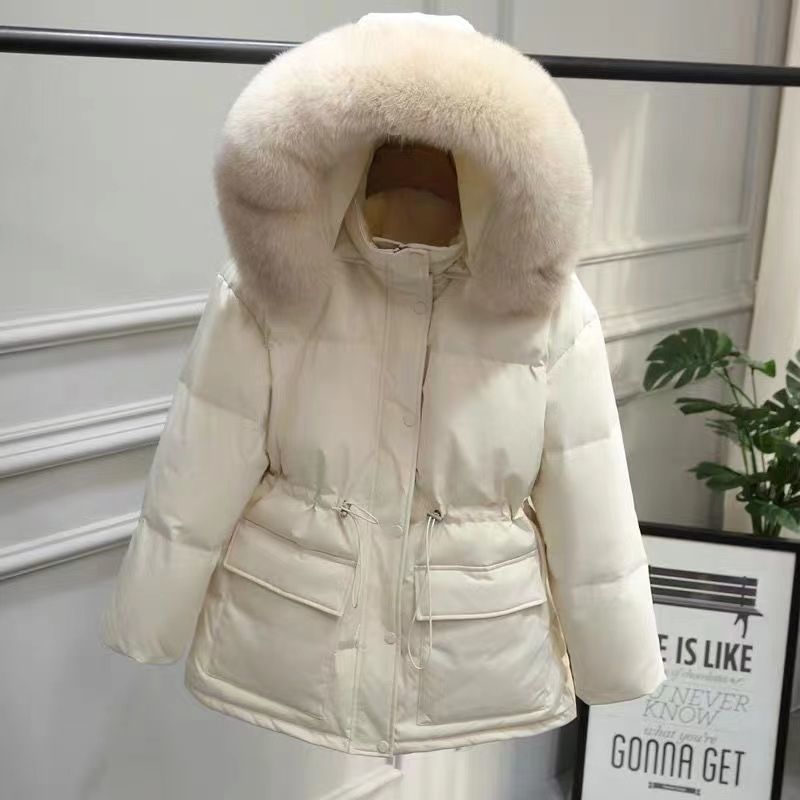 Slimming Drawstring Thick With Cap Big Fur Collar Coat