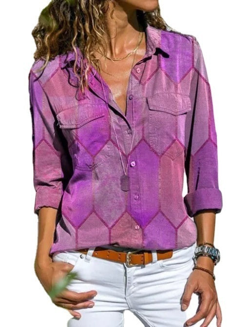 European And American Autumn And Winter New Printed Casual Polo Collar Long Sleeve Pocket Shirt