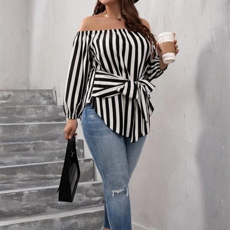 European And American Black And White Striped Sexy Fashion Off-shoulder Shirt