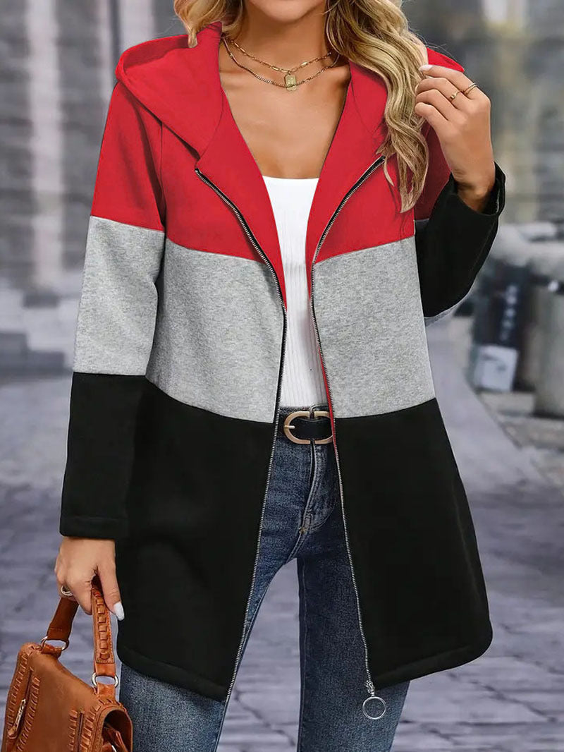 Autumn And Winter Leisure Fashion Loose Color Contrast Patchwork Hooded Jacket