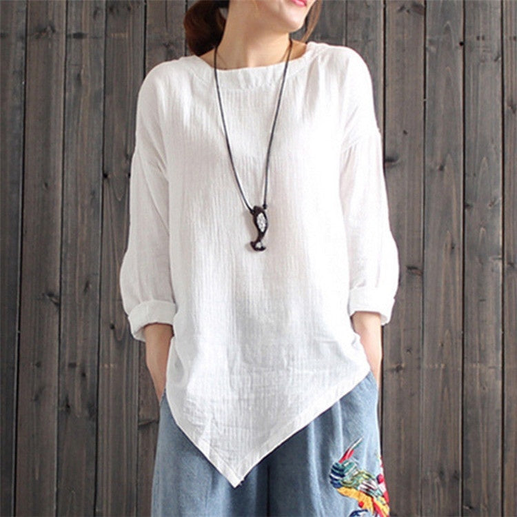 Autumn New Pure Color Artistic Irregular Hem Bottoming Cotton And Linen Top