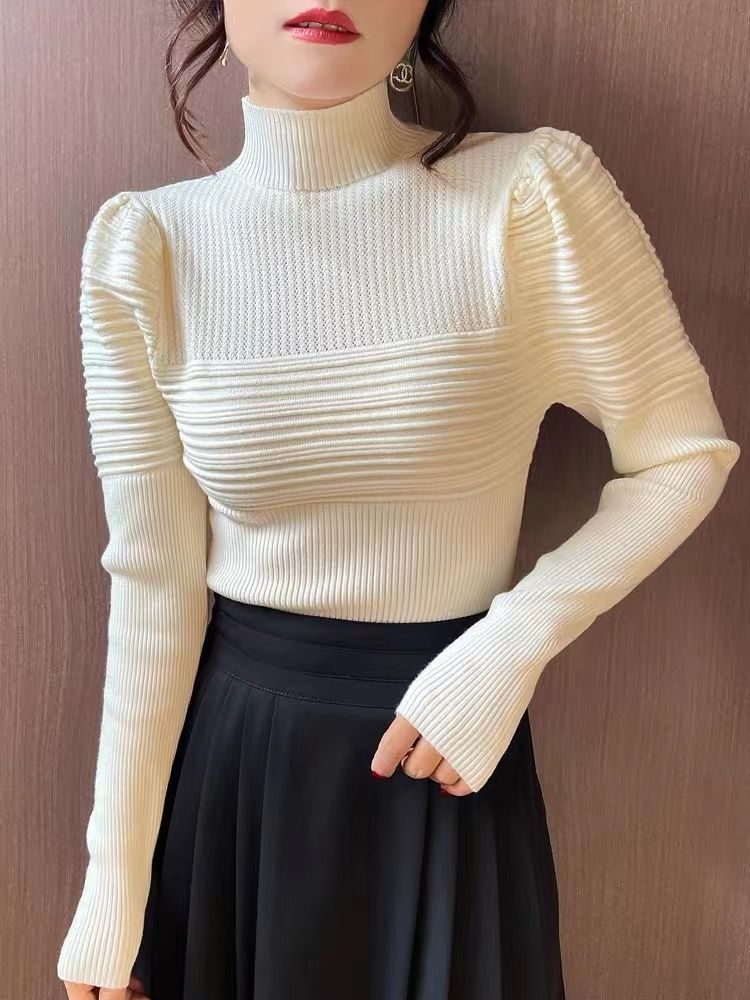 Half Turtleneck Sweater Slimming Puff Sleeve Sweater