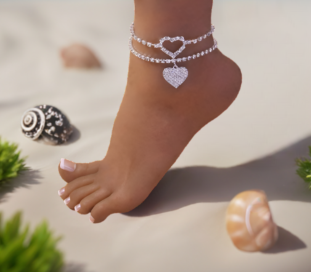 Beach Foot Charm Jewelry Rhinestone Heart Pendent Link Chain Anklet