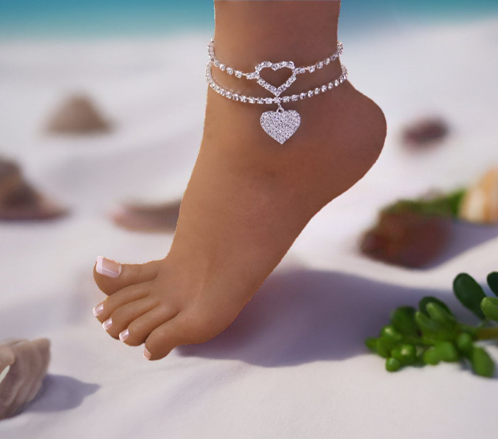 Beach Foot Charm Jewelry Rhinestone Heart Pendent Link Chain Anklet